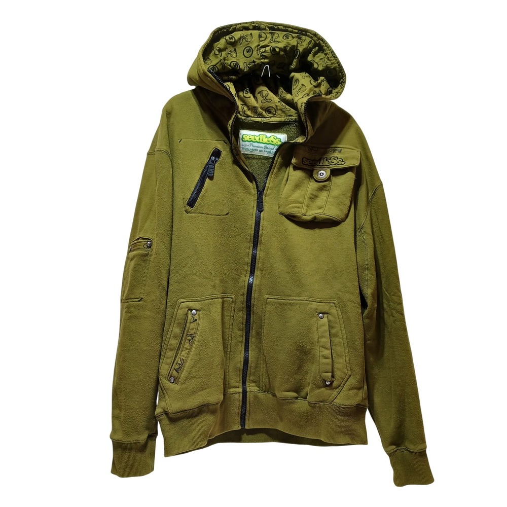 Seedless Hoodie Mens M Green Full Zip Embroidered Pockets Y2K Skate Streetwear